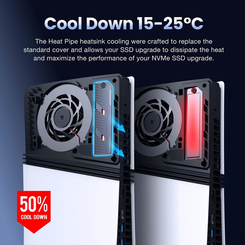 GRAUGEAR PS5 Pro/PS5 Slim M.2 SSD Heatsink with Heatpipe, Integrated Copper Heatpipe and Aluminum Fins for High-Efficiency Cooling, Compatible with NVMe SSD Upgrade for PlayStation 5 - Image 3